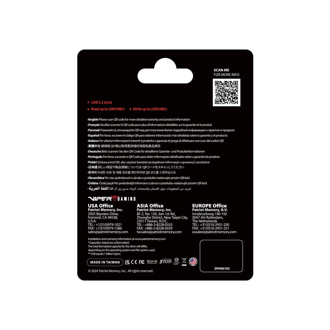 Dysk SSD Patriot PVP30 512GB 1000MB/s USB Duo A+C 3.2 Gen2 Alu
