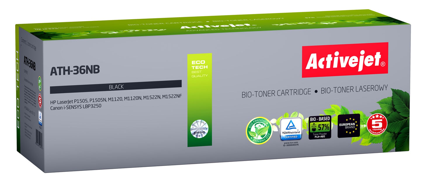 BIO Activejet ATH-36NB Toner (zamiennik HP 36A CB436A, Canon CRG-713; Supreme; 2000 stron; czarny). ECO Toner. Proszek w tonerze jest biodegradowalny. 57% Tonera jest pochodzenia biologicznego.
