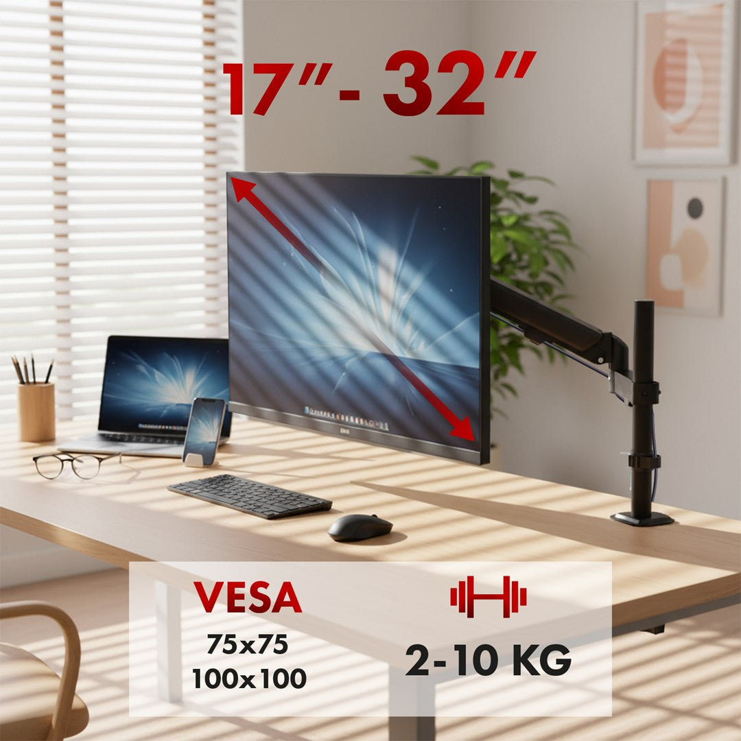 MACLEAN UCHWYT NA MONITOR, SPRĘŻYNA GAZOWA, 17"-32", 2-10KG, CZARNY MC-135