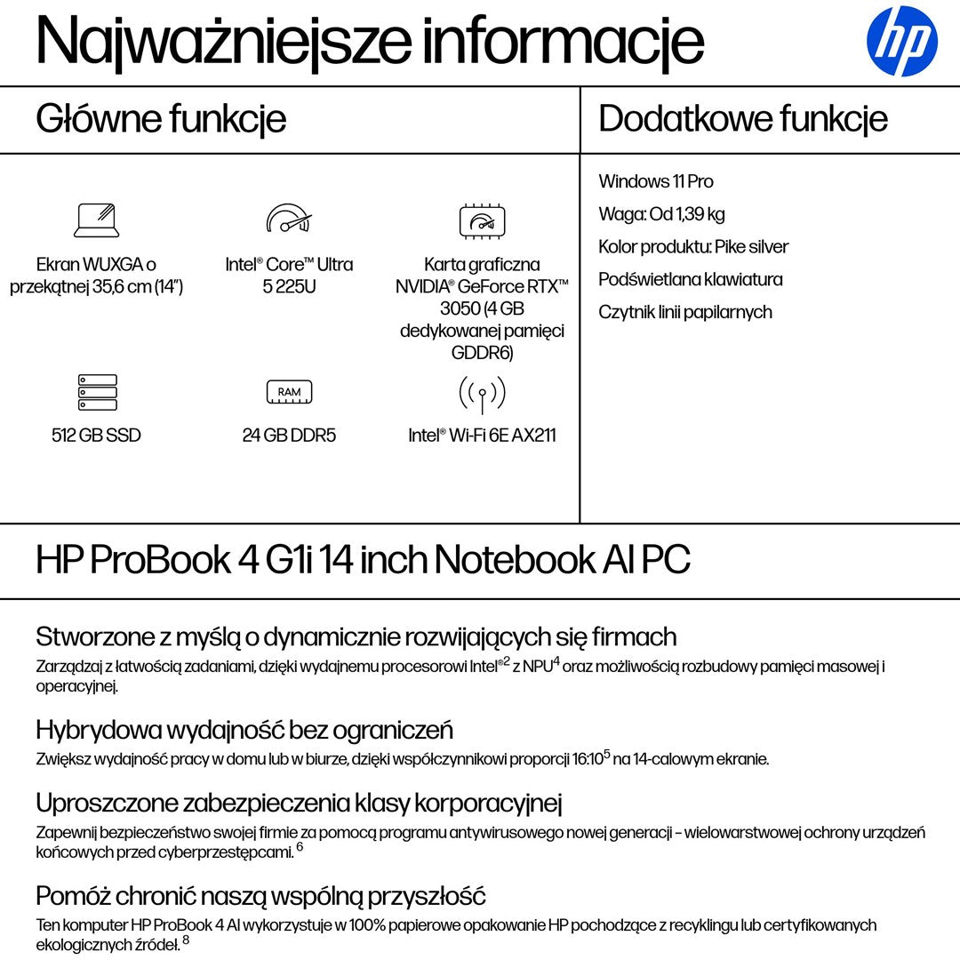 HP ProBook 4 G1i Ultra 5 225U 14.0"WUXGA IPS 300nits AG 24GB DDR5 5600 SSD512 Arc Cam1080p 56Wh W11Pro Pike silver aluminium 3Y OnSite