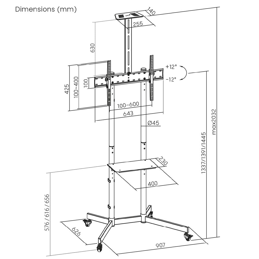 MACLEAN STAND / WÓZEK DO TV, PÓŁKA NA KAMERĘ, NA KÓŁKACH, 37-70", MAX. OBCIĄŻENIE 45KG/5KG PÓŁKA, MAX. VESA 600X400 MC-113 B