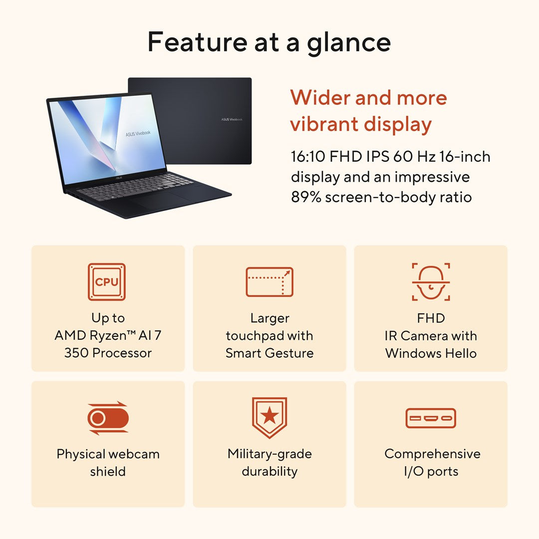 ASUS Vivobook 16 M1607KA-MB164W Ryzen AI 5 330 16.0"WUXGA IPS-level Panel 60Hz 300nits AG 16GB DDR5 SSD512 Radeon Graphics WLAN+BT Cam1080p+IR 42WHrs Win11 Quiet Blue