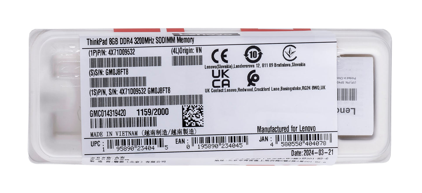 Lenovo ThinkPad 8GB DDR4 3200 SO-DIMM Memory Gen 2 4X71D09532