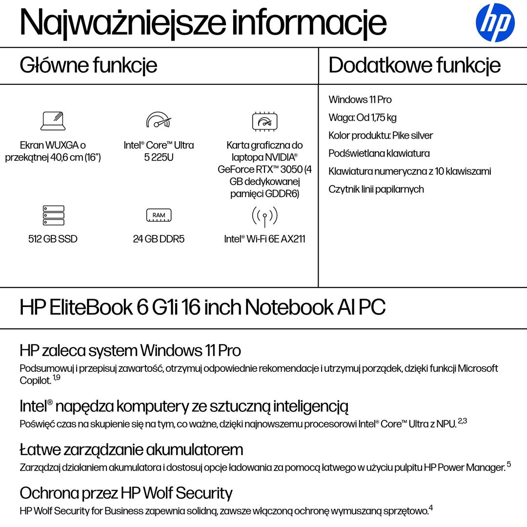 HP EliteBook 6 G1i Ultra 5 225U 16.0"WUXGA IPS 300nits AG 24GB DDR5 5600 SSD512 Arc Cam 5Mpx 56Wh W11Pro Pike silver aluminium 3Y OnSite