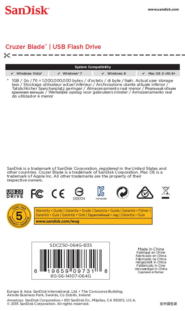 Pendrive SanDisk Cruzer Blade SDCZ50-064G-B35 (64GB; USB 2.0; kolor czarny)