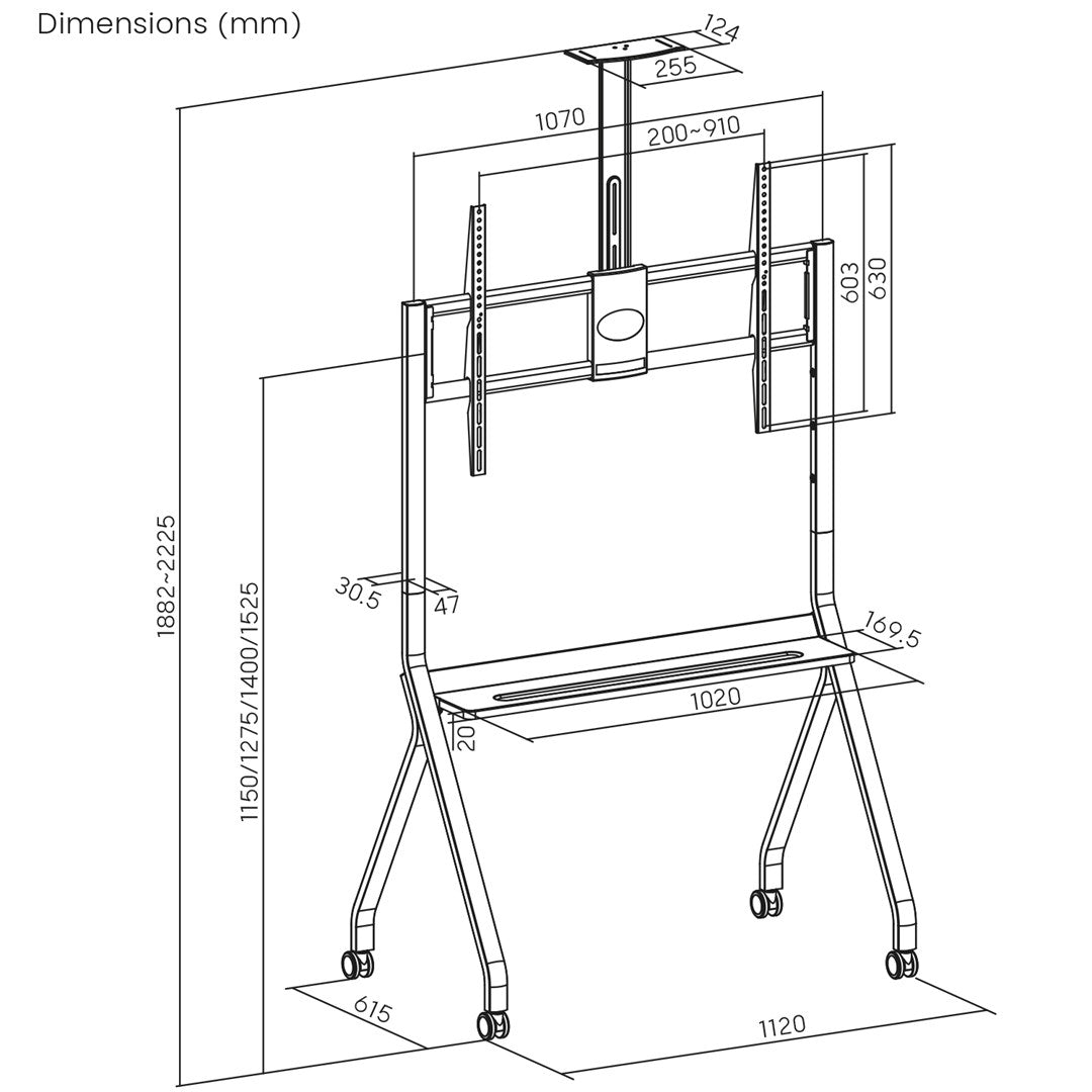 MACLEAN STAND / WÓZEK DO TV, PÓŁKA NA KAMERĘ, NA KÓŁKACH, 55-100", MAX. OBCIĄŻENIE 120KG/10KG PÓŁKA, MAX. VESA 900X600 MC-114