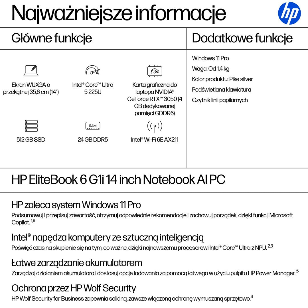 HP EliteBook 6 G1i Ultra 5 225U 14.0"WUXGA IPS 400nits Eye Ease AG 24GB DDR5 5600 SSD512 Arc Cam 5Mpx 56Wh W11Pro Pike silver aluminium 3Y OnSite