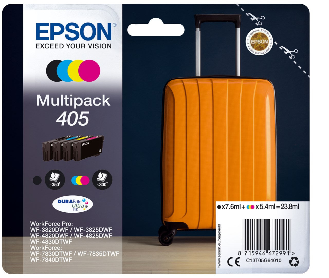 Epson 405 DURABrite Ultra Ink nabój z tuszem 1 szt. Oryginalny Standardowa wydajność Czarny, Cyjan, Purpurowy, Żółty